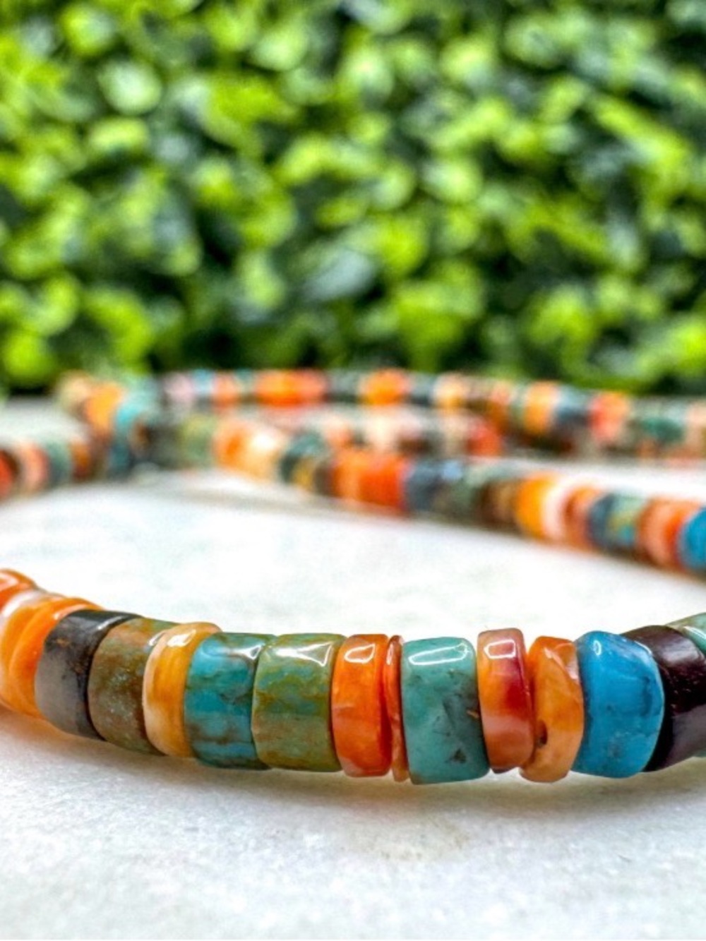 Native American Turquoise + Spiny Oyster Beaded Necklace, Sterling Silver  (T26) - Picture 2 of 4
